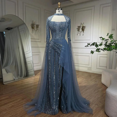 Vestidos de noche de sirena azul 2025, vestidos largos de lujo con cuentas, abertura alta y mangas tipo capa para bodas y fiestas de mujeres LA72312 