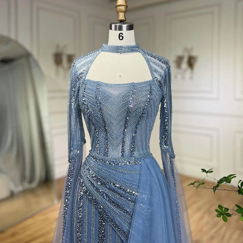 Vestidos de noche de sirena azul 2025, vestidos largos de lujo con cuentas, abertura alta y mangas tipo capa para bodas y fiestas de mujeres LA72312 