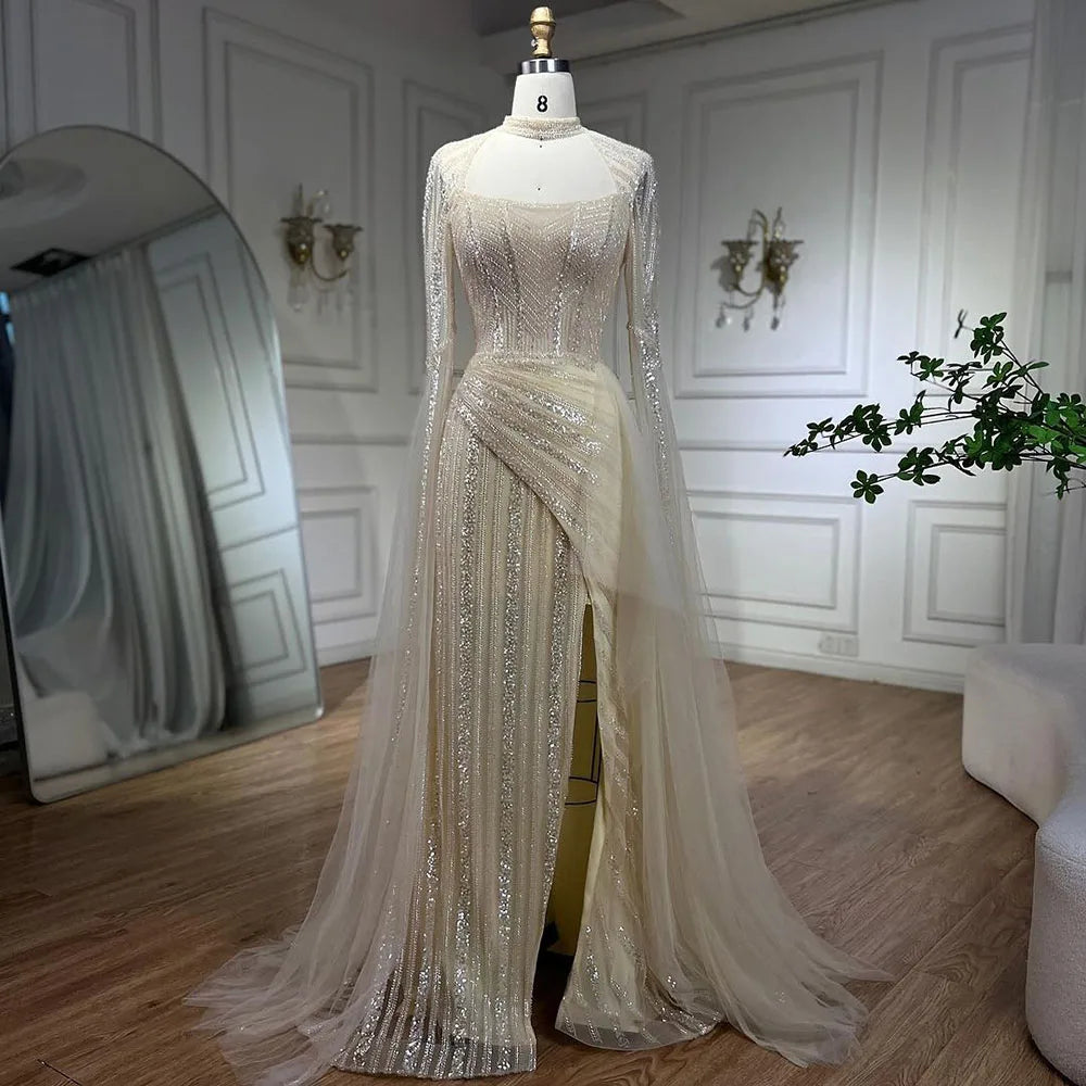 Vestidos de noche de sirena azul 2025, vestidos largos de lujo con cuentas, abertura alta y mangas tipo capa para bodas y fiestas de mujeres LA72312 