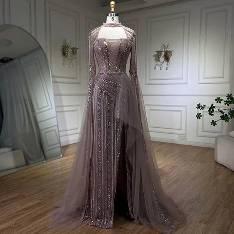 Vestidos de noche de sirena azul 2025, vestidos largos de lujo con cuentas, abertura alta y mangas tipo capa para bodas y fiestas de mujeres LA72312 