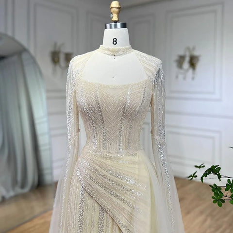 Vestidos de noche de sirena azul 2025, vestidos largos de lujo con cuentas, abertura alta y mangas tipo capa para bodas y fiestas de mujeres LA72312 