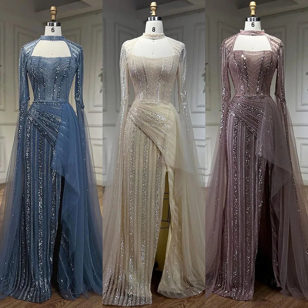 Vestidos de noche de sirena azul 2025, vestidos largos de lujo con cuentas, abertura alta y mangas tipo capa para bodas y fiestas de mujeres LA72312 