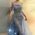 Vestido de noche azul sirena 2025, lujoso, con plumas y cuentas, estilo saudí, con sobrefalda para ocasiones formales LA72727 