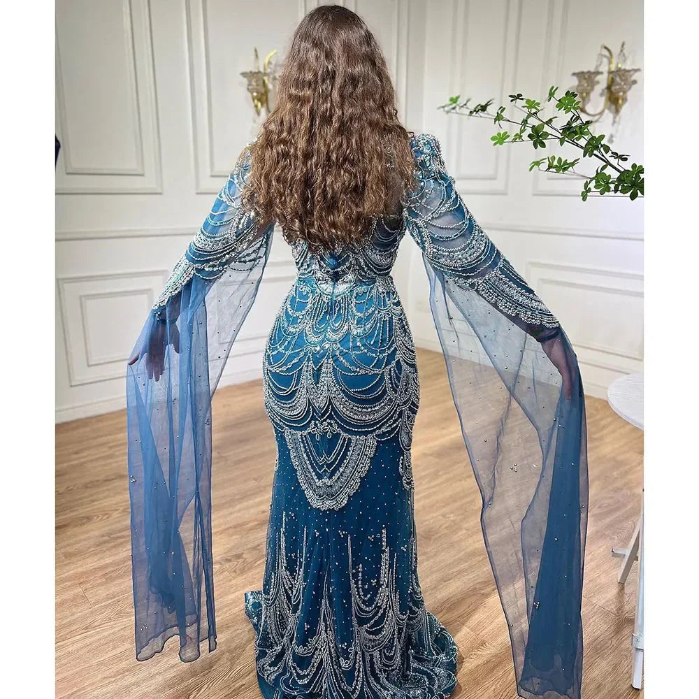 Green Luxury Dubai Mermaid Evening Dresses with Cape Sleeves LA72033