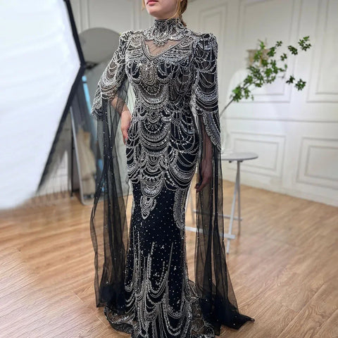 Robe de soirée sirène de luxe verte à manches cape, style Dubaï, LA72033 