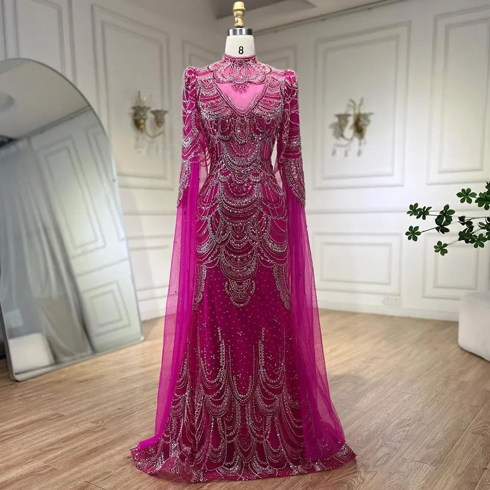 Green Luxury Dubai Mermaid Evening Dresses with Cape Sleeves LA72033