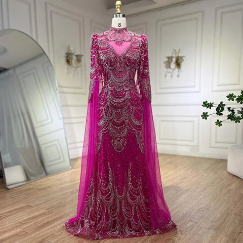 Robe de soirée sirène de luxe verte à manches cape, style Dubaï, LA72033 