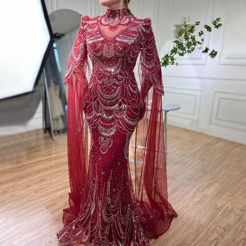 Robe de soirée sirène de luxe verte à manches cape, style Dubaï, LA72033 