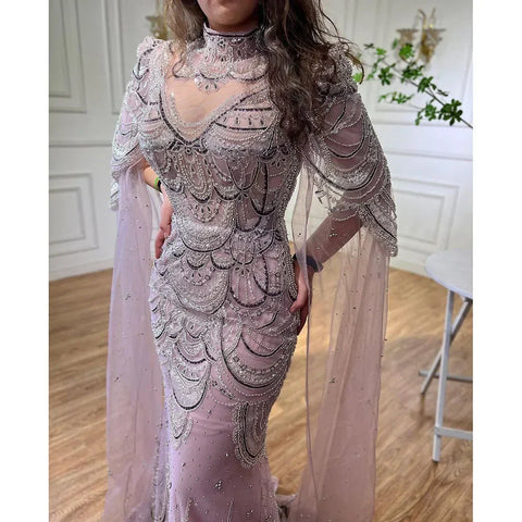 Robe de soirée sirène de luxe verte à manches cape, style Dubaï, LA72033 