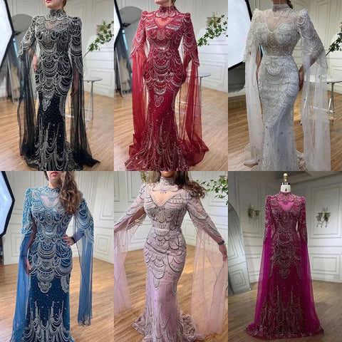 Robe de soirée sirène de luxe verte à manches cape, style Dubaï, LA72033 