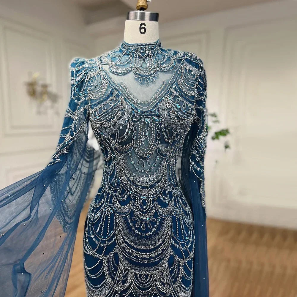Green Luxury Dubai Mermaid Evening Dresses with Cape Sleeves LA72033