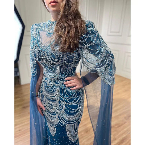Robe de soirée sirène de luxe verte à manches cape, style Dubaï, LA72033 