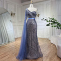 Vestido de noche elegante de sirena azul con un solo hombro y manga capa, adornado con cuentas, ideal para bodas y fiestas (LA72294) 
