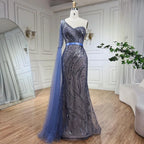 Vestido de noche elegante de sirena azul con un solo hombro y manga capa, adornado con cuentas, ideal para bodas y fiestas (LA72294) 