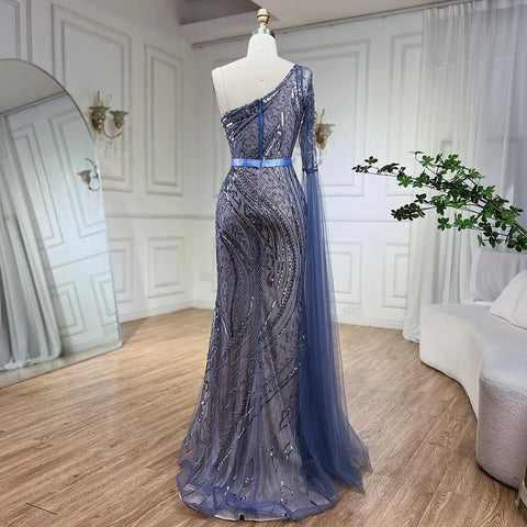 Robe de soirée sirène bleue asymétrique, élégante, manches cape, perles, pour femme, tenue de mariage, LA72294, 2025 
