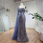 Vestido de noche elegante de sirena azul con un solo hombro y manga capa, adornado con cuentas, ideal para bodas y fiestas (LA72294) 