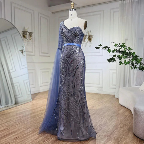 Robe de soirée sirène bleue asymétrique, élégante, manches cape, perles, pour femme, tenue de mariage, LA72294, 2025 