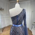 Vestido de noche elegante de sirena azul con un solo hombro y manga capa, adornado con cuentas, ideal para bodas y fiestas (LA72294) 