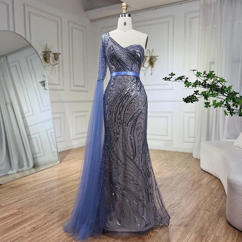 Robe de soirée sirène bleue asymétrique, élégante, manches cape, perles, pour femme, tenue de mariage, LA72294, 2025 