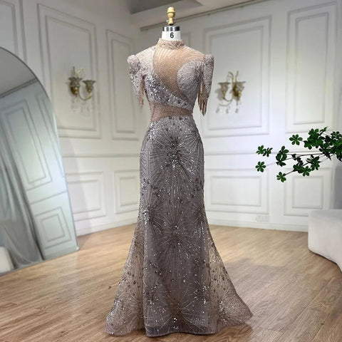 Robe de soirée élégante de luxe, style sirène, bleu, rose, avec perles, à franges, pour femme, tenue de mariage, LA72417, 2025 