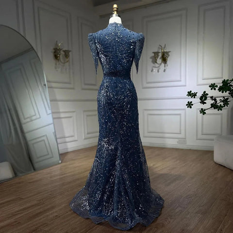 Robe de soirée élégante de luxe, style sirène, bleu, rose, avec perles, à franges, pour femme, tenue de mariage, LA72417, 2025 