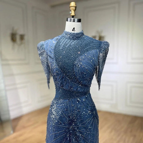 Robe de soirée élégante de luxe, style sirène, bleu, rose, avec perles, à franges, pour femme, tenue de mariage, LA72417, 2025 