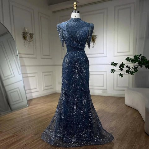 Robe de soirée élégante de luxe, style sirène, bleu, rose, avec perles, à franges, pour femme, tenue de mariage, LA72417, 2025 