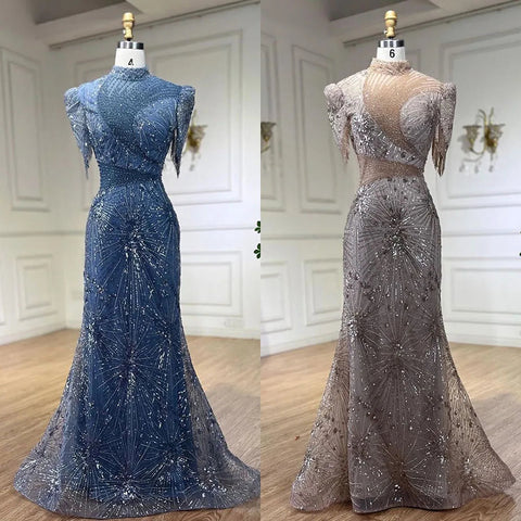 Robe de soirée élégante de luxe, style sirène, bleu, rose, avec perles, à franges, pour femme, tenue de mariage, LA72417, 2025 