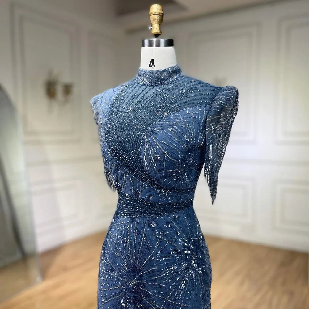 Vestido de noche corto de lujo con borlas, elegante, azul sirena y rosa, con cuentas, para mujer, ideal para bodas y fiestas (LA72417) 
