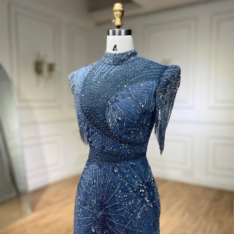 Robe de soirée élégante de luxe, style sirène, bleu, rose, avec perles, à franges, pour femme, tenue de mariage, LA72417, 2025 