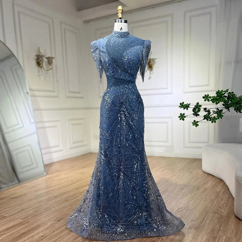 Robe de soirée élégante de luxe, style sirène, bleu, rose, avec perles, à franges, pour femme, tenue de mariage, LA72417, 2025 
