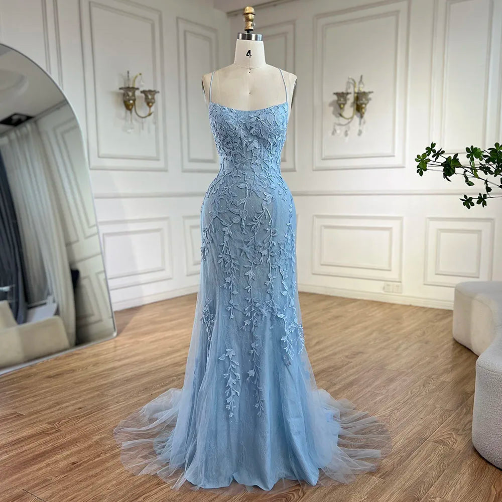 Vestido de noche de lujo azul sirena con tirantes finos, cuentas y espalda con cordones para bodas y fiestas de mujeres LA72624 