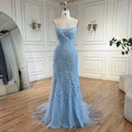 Vestido de noche de lujo azul sirena con tirantes finos, cuentas y espalda con cordones para bodas y fiestas de mujeres LA72624 