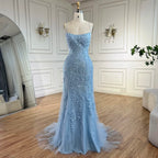 Vestido de noche de lujo azul sirena con tirantes finos, cuentas y espalda con cordones para bodas y fiestas de mujeres LA72624 