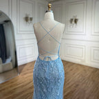 Vestido de noche de lujo azul sirena con tirantes finos, cuentas y espalda con cordones para bodas y fiestas de mujeres LA72624 