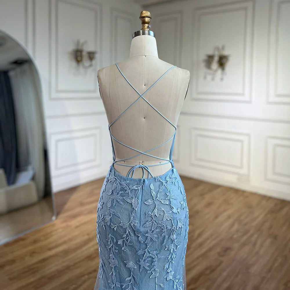 Vestido de noche de lujo azul sirena con tirantes finos, cuentas y espalda con cordones para bodas y fiestas de mujeres LA72624 