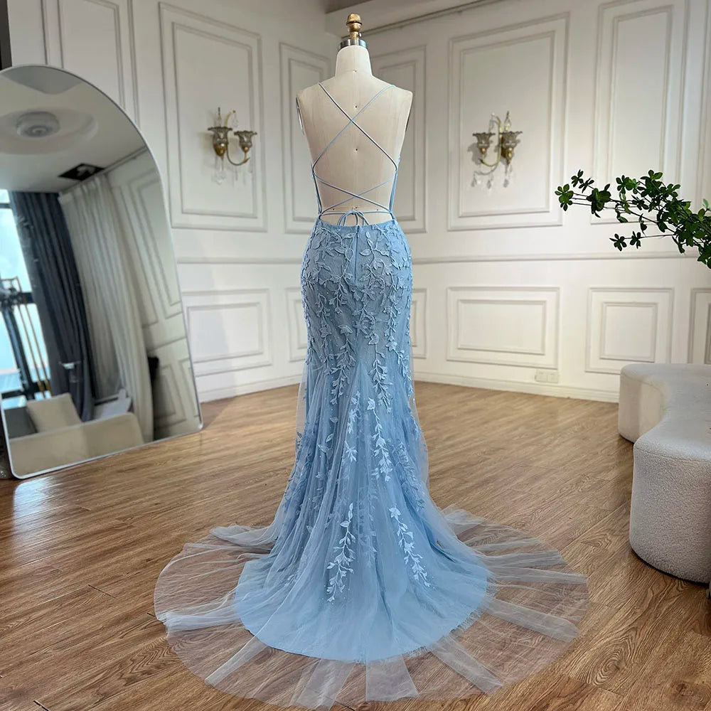 Vestido de noche de lujo azul sirena con tirantes finos, cuentas y espalda con cordones para bodas y fiestas de mujeres LA72624 