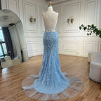 Vestido de noche de lujo azul sirena con tirantes finos, cuentas y espalda con cordones para bodas y fiestas de mujeres LA72624 