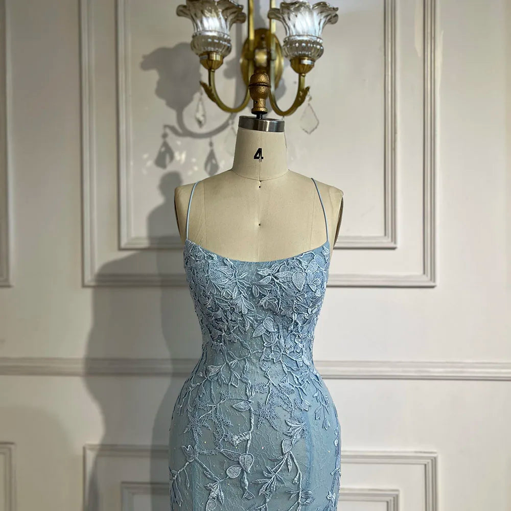 Vestido de noche de lujo azul sirena con tirantes finos, cuentas y espalda con cordones para bodas y fiestas de mujeres LA72624 