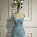 Vestido de noche de lujo azul sirena con tirantes finos, cuentas y espalda con cordones para bodas y fiestas de mujeres LA72624 