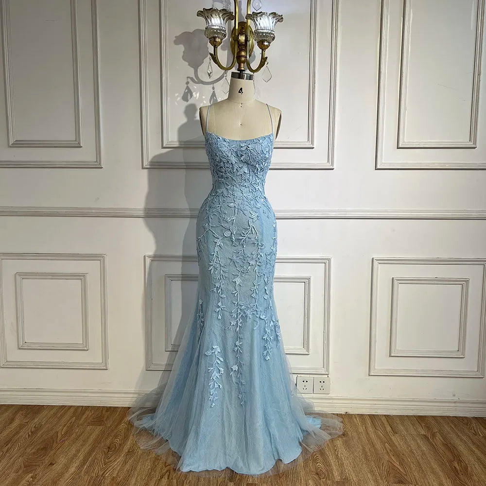 Vestido de noche de lujo azul sirena con tirantes finos, cuentas y espalda con cordones para bodas y fiestas de mujeres LA72624 