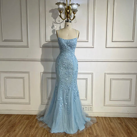 2025 Blue Mermaid Spaghetti Strap Beaded Luxury Evening Gown with Lace-Up Back for Women's Wedding Party LA72624