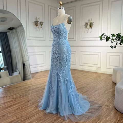 2025 Blue Mermaid Spaghetti Strap Beaded Luxury Evening Gown with Lace-Up Back for Women's Wedding Party LA72624