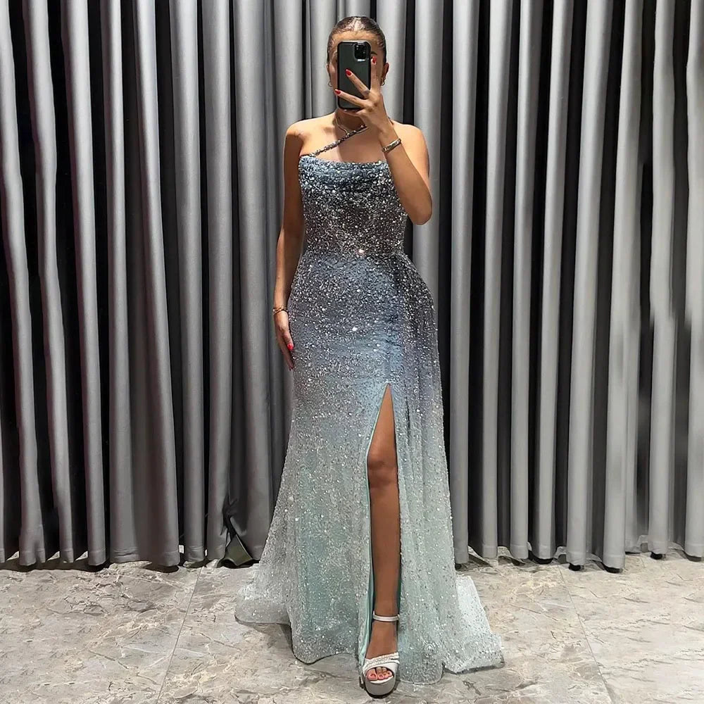 Vestido de noche de lujo con tirantes finos, abertura alta y cuentas, estilo sirena azul, para mujer, ideal para bodas y fiestas (LA72434) 