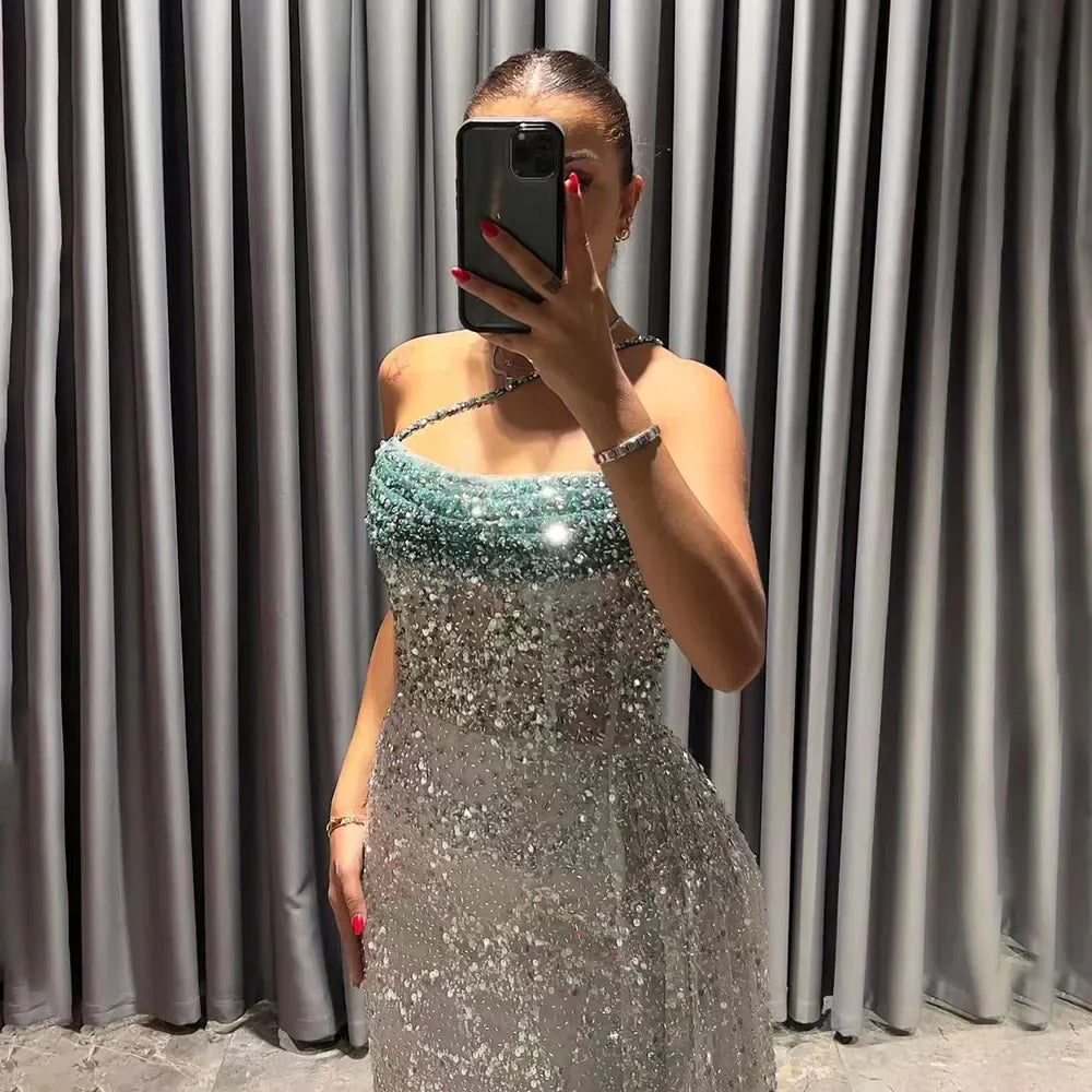 Vestido de noche de lujo con tirantes finos, abertura alta y cuentas, estilo sirena azul, para mujer, ideal para bodas y fiestas (LA72434) 