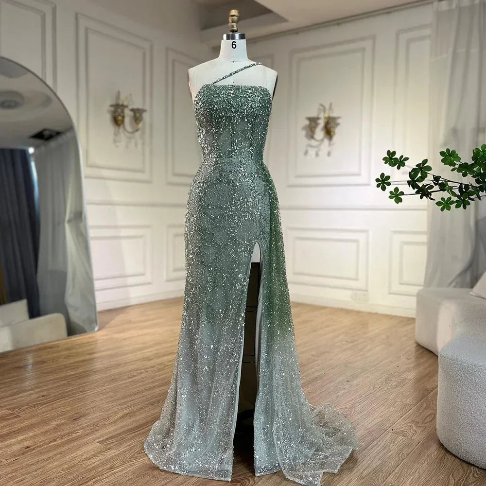 Vestido de noche de lujo con tirantes finos, abertura alta y cuentas, estilo sirena azul, para mujer, ideal para bodas y fiestas (LA72434) 