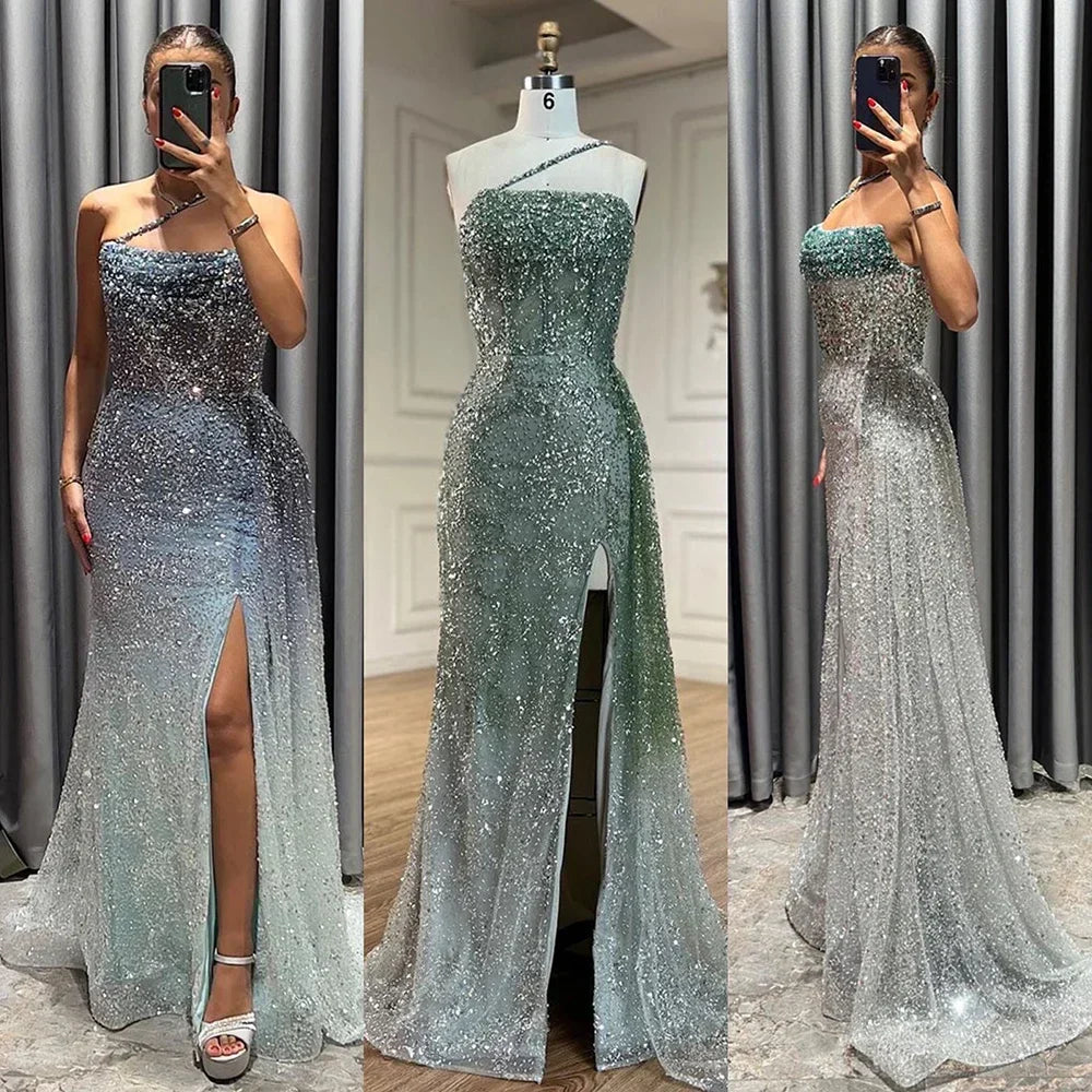 Vestido de noche de lujo con tirantes finos, abertura alta y cuentas, estilo sirena azul, para mujer, ideal para bodas y fiestas (LA72434) 