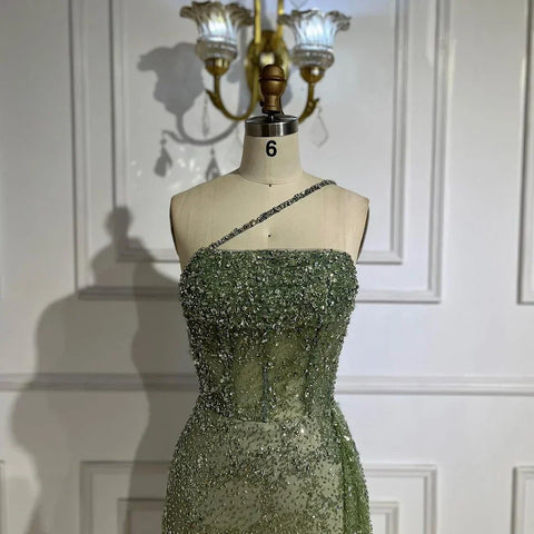 Robe de soirée de luxe bleue style sirène, bretelles spaghetti, fente haute, perles, pour femme, tenue de mariage, LA72434, 2025 