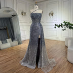 Vestido de noche de lujo con tirantes finos, abertura alta y cuentas, estilo sirena azul, para mujer, ideal para bodas y fiestas (LA72434) 