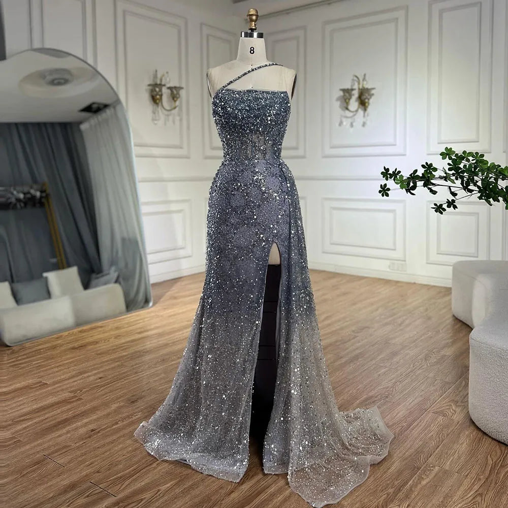 Vestido de noche de lujo con tirantes finos, abertura alta y cuentas, estilo sirena azul, para mujer, ideal para bodas y fiestas (LA72434) 